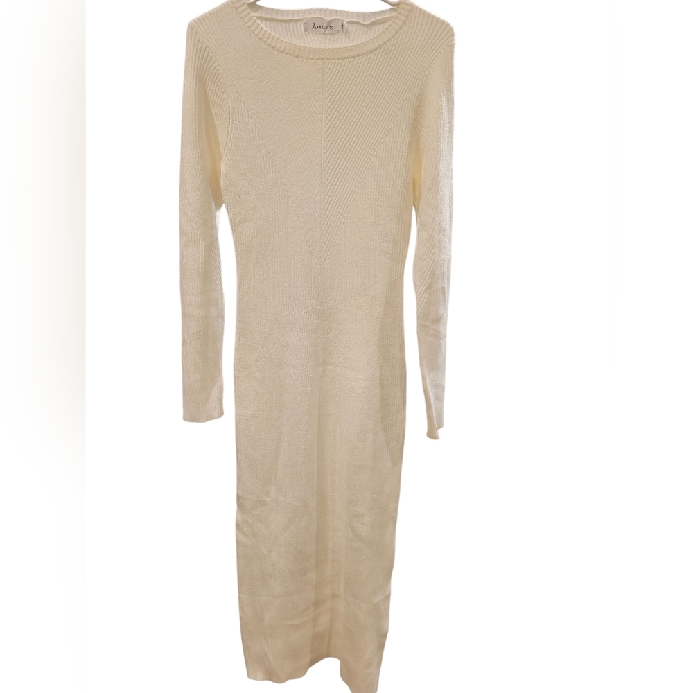 Anrabess Cream Long Sleeve Sweater Dress